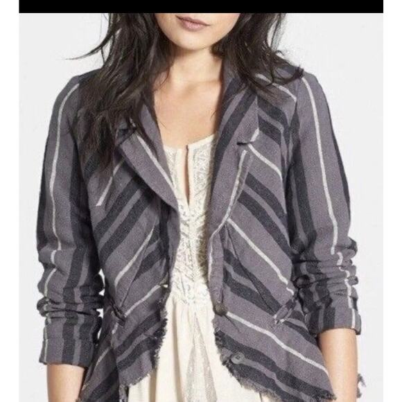 Free People Jackets & Blazers - Free People Charcoal Combo Rumpled Stripe Yarn Dye Linen 4 Blazer Y2K Quirky